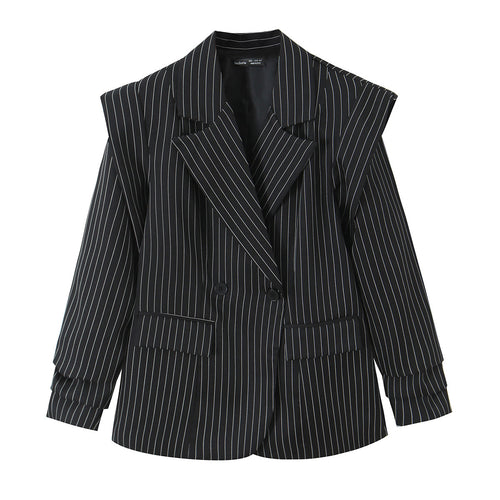 Damen Zweireihiger Oversize-Blazer mit markanten Schulterpolstern und Nadelstreifen Nord Taschen