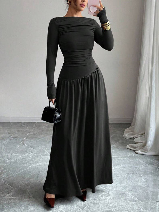 Damen Maxikleid mit gerafftem Oberteil, tailliertem Bund und Langarm Nord Taschen
