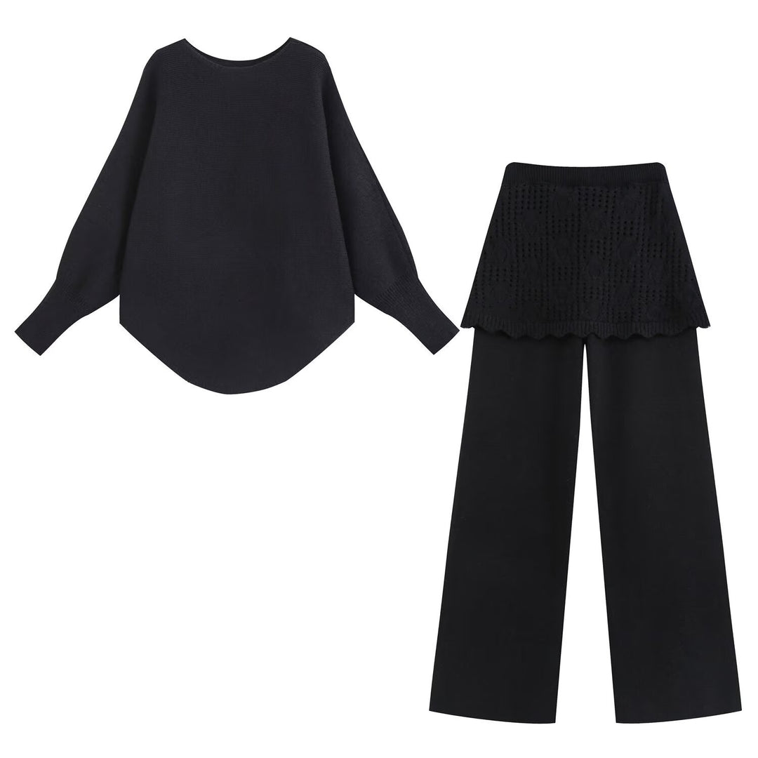 Damen Zweiteiliges Strick-Set mit Oversize-Pullover, Lochmuster-Miniüberrock und weiter Palazzohose Nord Taschen