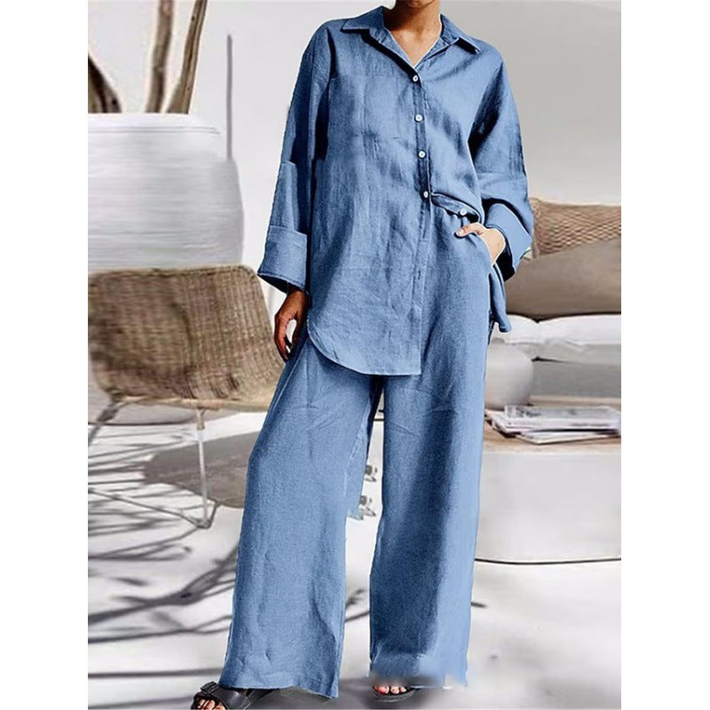Damen Leinen-Lounge-Set mit weitem Hemd und Palazzo-Hose Nord Taschen
