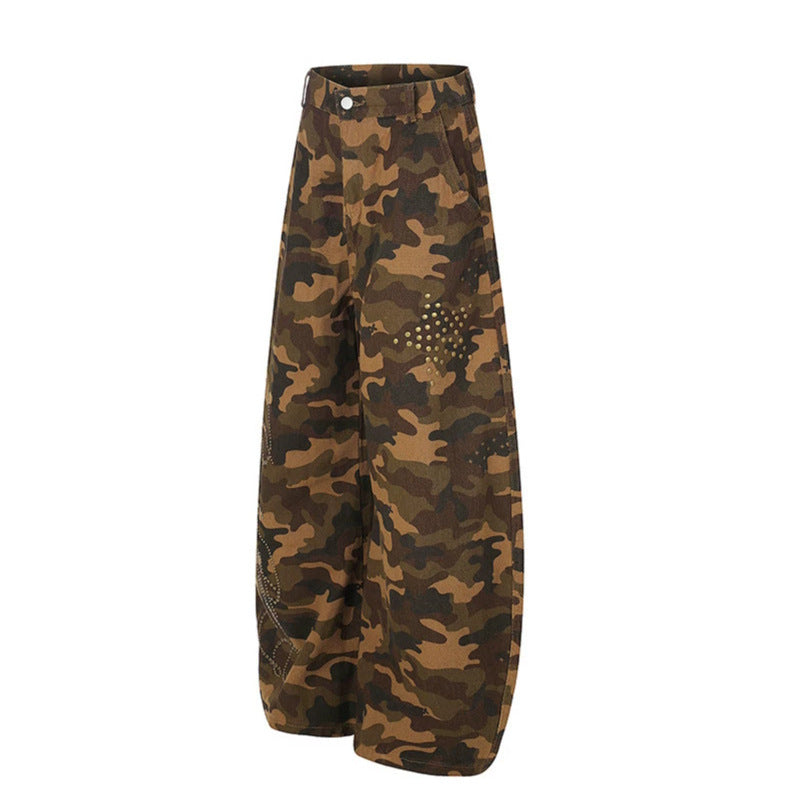 Damen Weite Camouflage-Palazzo-Hose mit Balloon-Saum und Nietenbesatz Nord Taschen