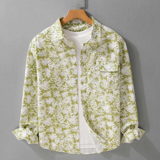 Damen Leichtes Blumenprint-Overshirt aus Leinen-Baumwollmix mit Kentkragen und Brusttasche Nord Taschen