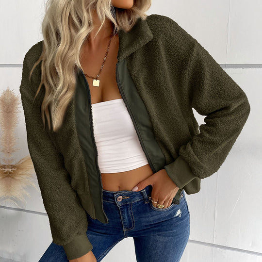 Damen Teddy-Fleece Bomberjacke mit Stehkragen, durchgehendem Reißverschluss und Rippbündchen Nord Taschen
