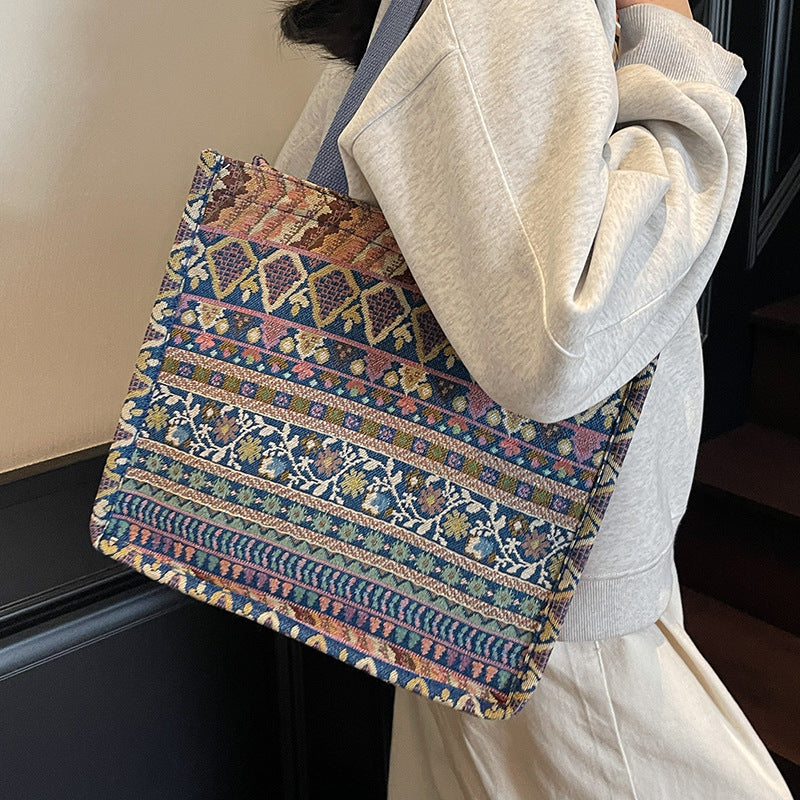 Damen Trendige Jute-Tasche mit buntem Ethnomuster Nord Taschen