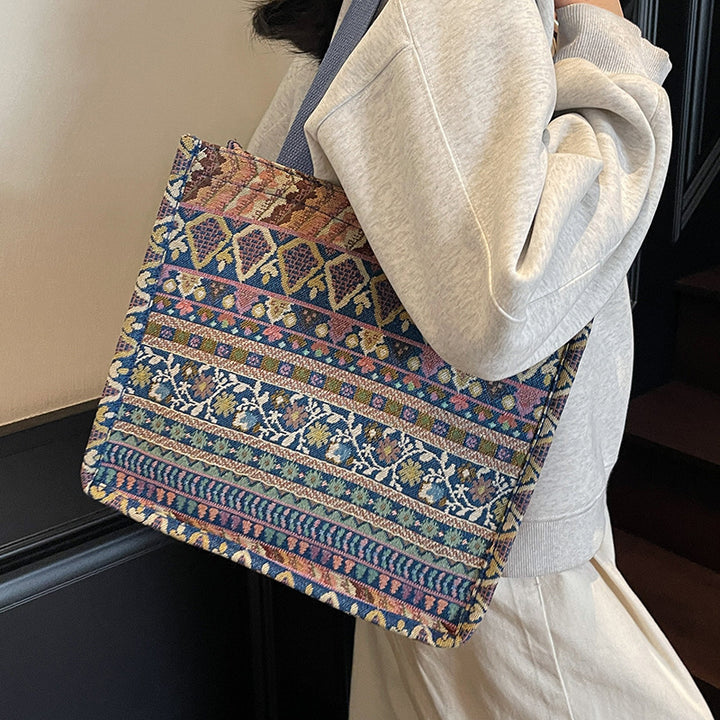 Damen Trendige Jute-Tasche mit buntem Ethnomuster Nord Taschen
