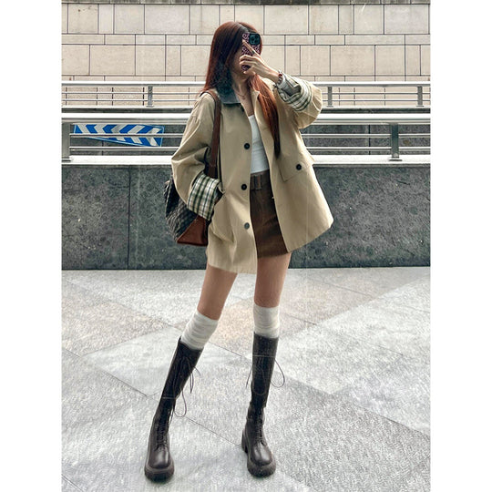 Damen Kurzjacke im Oversize-Boxy-Schnitt mit karierten Aufschlagmanschetten und Pattentaschen Nord Taschen