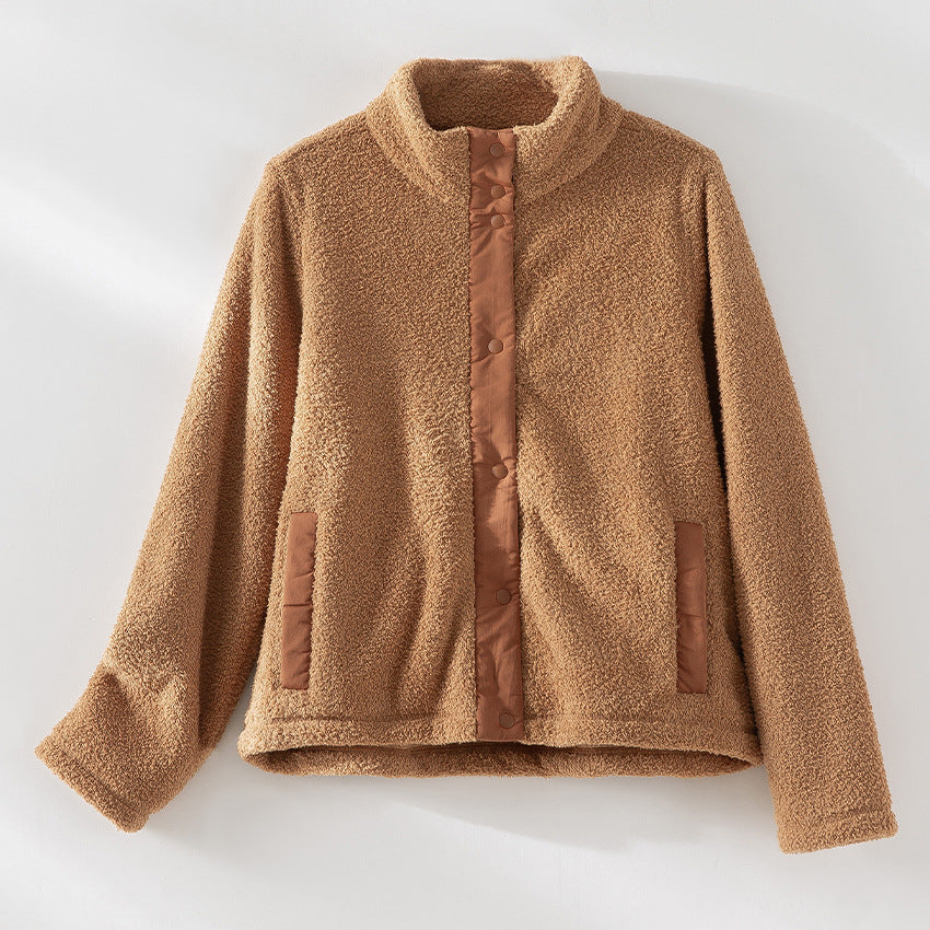 Damen kuschelige Teddy-Fleecejacke mit Stehkragen, Druckknopf-Leiste und kontrastierten Tascheneinfassungen Nord Taschen