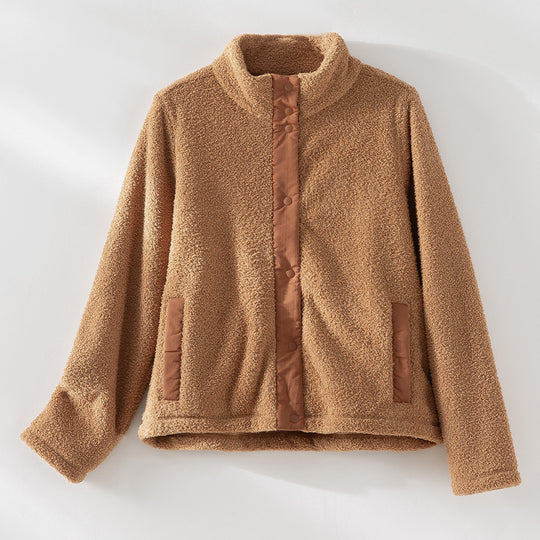 Damen kuschelige Teddy-Fleecejacke mit Stehkragen, Druckknopf-Leiste und kontrastierten Tascheneinfassungen Nord Taschen