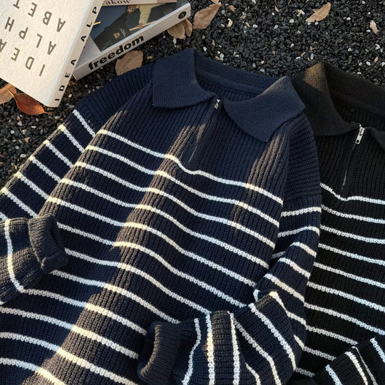Unisex Grobgestrickter Oversize-Pullover mit halbem Reißverschluss und Polokragen Nord Taschen