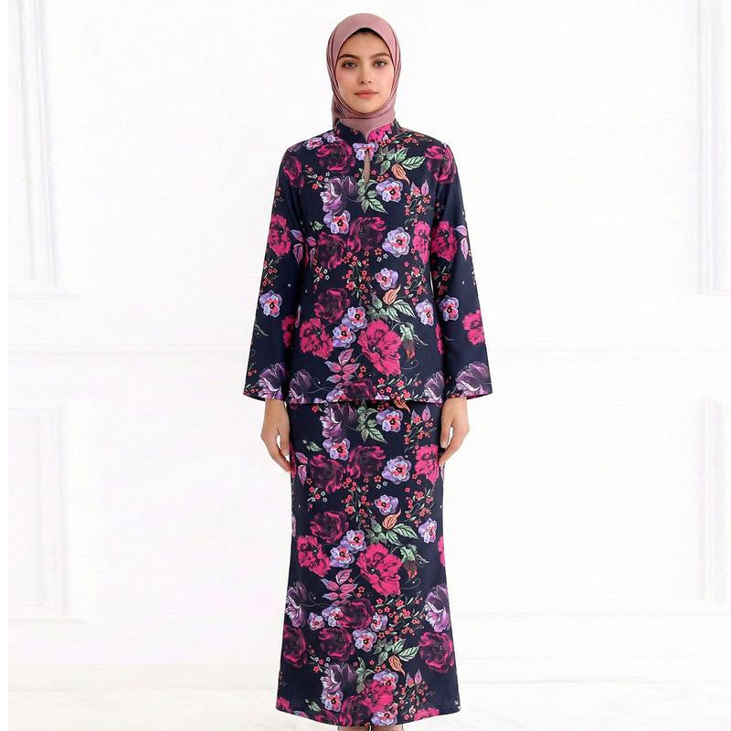 Damen Zweiteiliges Modest-Set aus Tunika mit Stehkragen und geradem Maxirock mit Blumenprint Nord Taschen