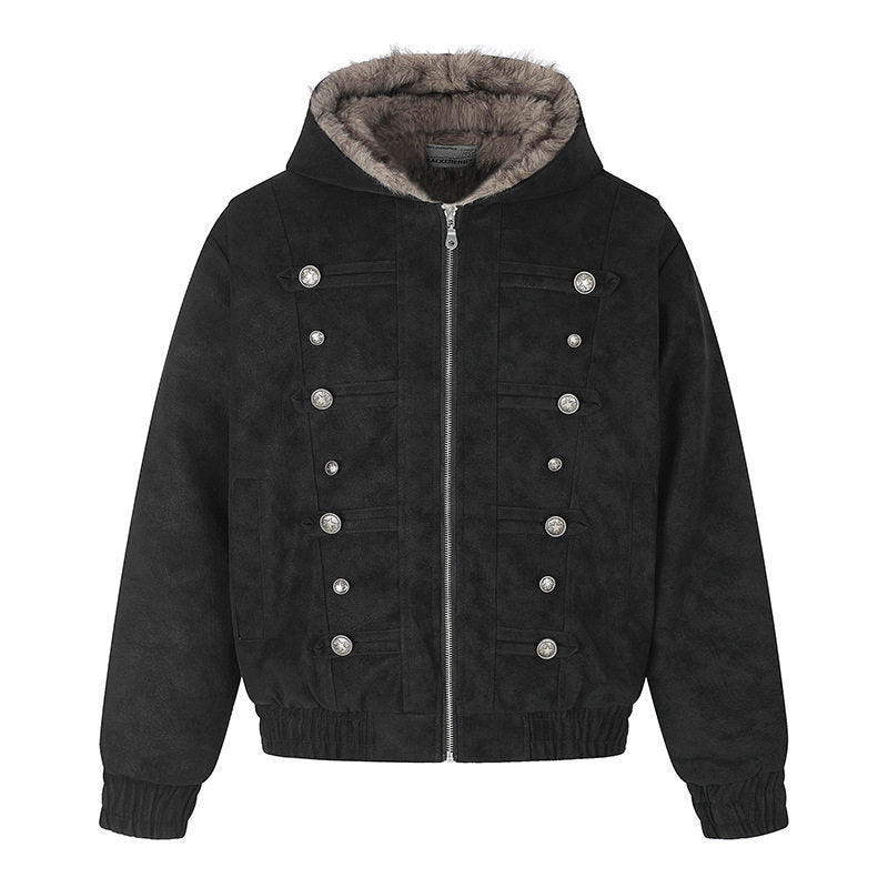 Damen Kapuzen-Bomberjacke aus Veloursimitat mit Kunstfell‑Futter und dekorativen Reliefknöpfen Nord Taschen