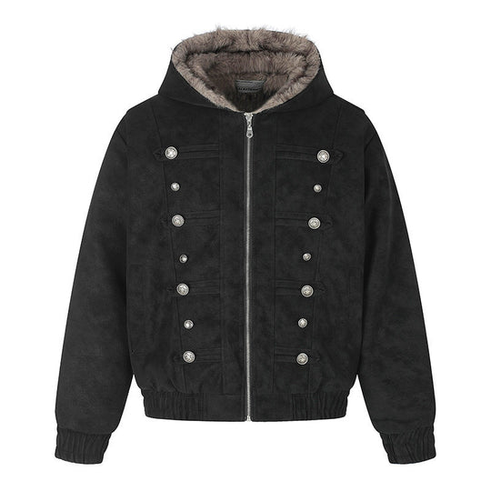 Damen Kapuzen-Bomberjacke aus Veloursimitat mit Kunstfell‑Futter und dekorativen Reliefknöpfen Nord Taschen