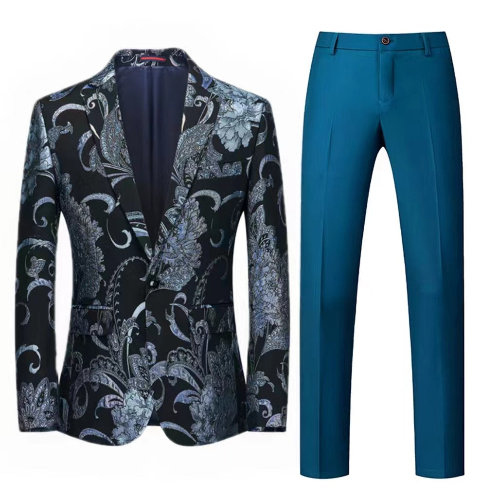 Damen Zweiteiliges Satin-Jacquard-Sakko mit floralem Muster und taillierter Passform sowie Slim-Fit Anzughose Nord Taschen
