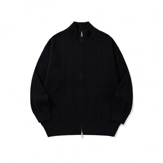 Herren Grobgestrickter Zip-Cardigan mit hohem Kragen und Doppelreißverschluss Nord Taschen