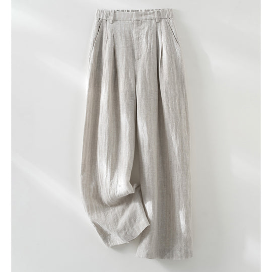 Damen Weite Leinenhose mit Bundfalten hoher Taille und elastischem Rückenteil Nord Taschen