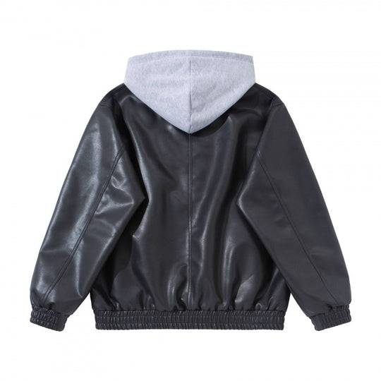 Unisex Oversize Kunstleder-Bomberjacke mit abgesetzter Kapuze, Reißverschluss und elastischem Saum Nord Taschen