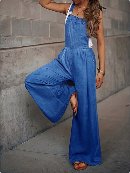 Damen Weite Denim-Latzhose im Palazzo-Schnitt mit verstellbaren Trägern Nord Taschen