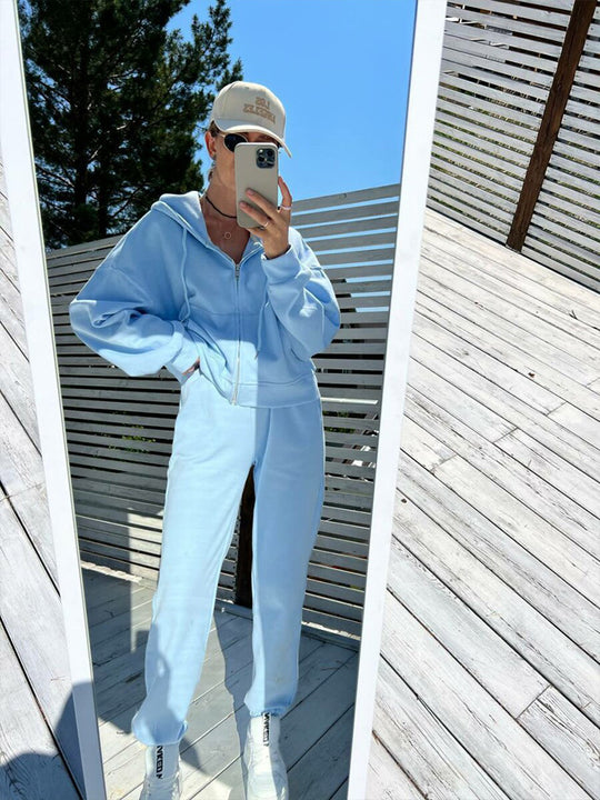 Damen lässiges Kapuzen-Sweatshirt und Jogginghose Set in Oversize-Passform mit Reißverschluss und Kängurutasche Nord Taschen