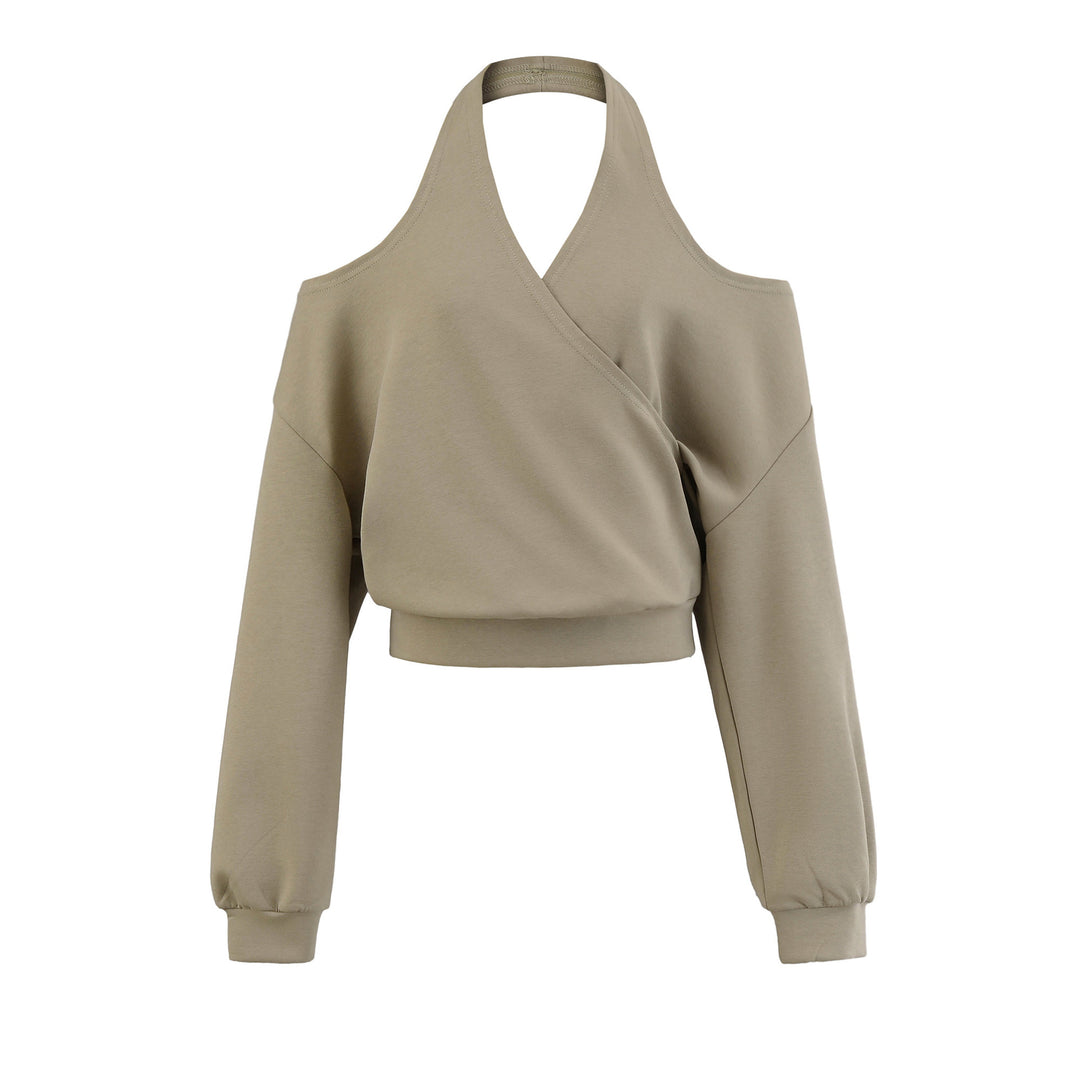 Damen Cropped Sweatshirt mit Neckholder, Cold-Shoulder und Wickeloptik Nord Taschen