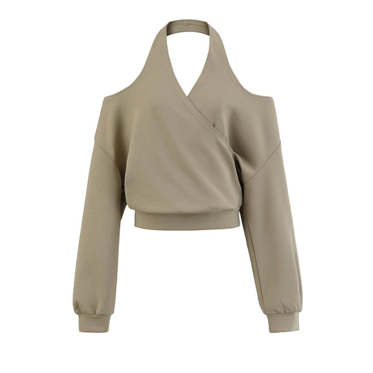 Damen Cropped Sweatshirt mit Neckholder, Cold-Shoulder und Wickeloptik Nord Taschen