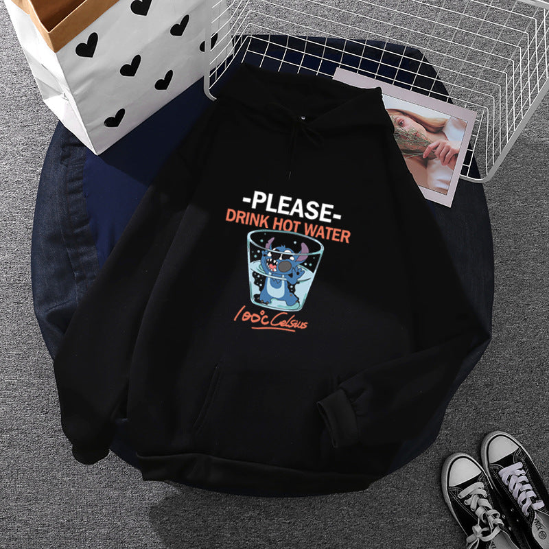 Damen nan Kapuzenpullover mit großflächigem Cartoon-Glas-Print, weichem Fleece-Innenfutter und Kängurutasche Nord Taschen