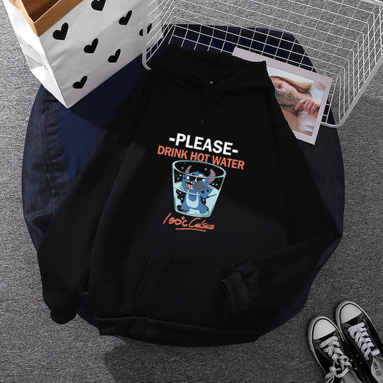 Damen nan Kapuzenpullover mit großflächigem Cartoon-Glas-Print, weichem Fleece-Innenfutter und Kängurutasche Nord Taschen
