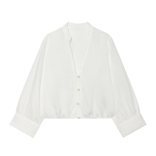 Damen Cropped-Bluse im Tai-Chi-Stil mit Stehkragen, Knotenverschlüssen und Ballonärmeln Nord Taschen