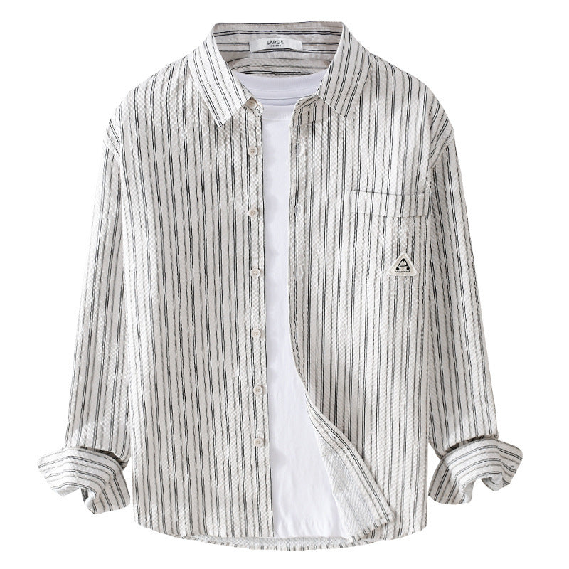 Herren Leichtes gestreiftes Baumwoll‑Leinen Layering‑Overshirt mit Kentkragen, Brusttasche und Crinkle‑Struktur Nord Taschen