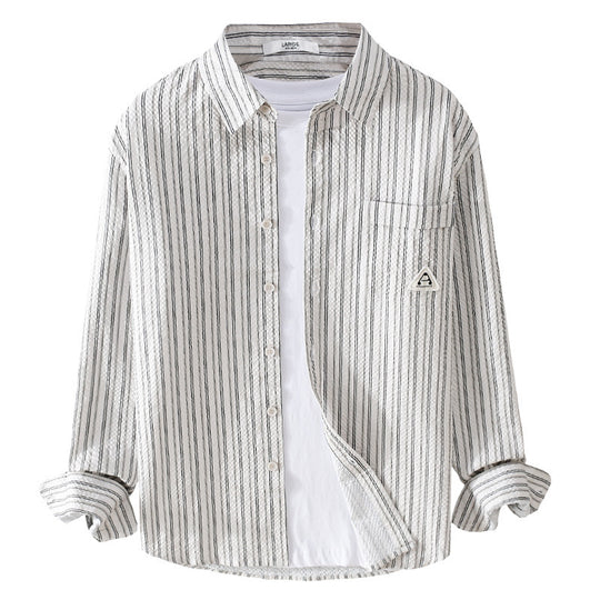 Herren Leichtes gestreiftes Baumwoll‑Leinen Layering‑Overshirt mit Kentkragen, Brusttasche und Crinkle‑Struktur Nord Taschen