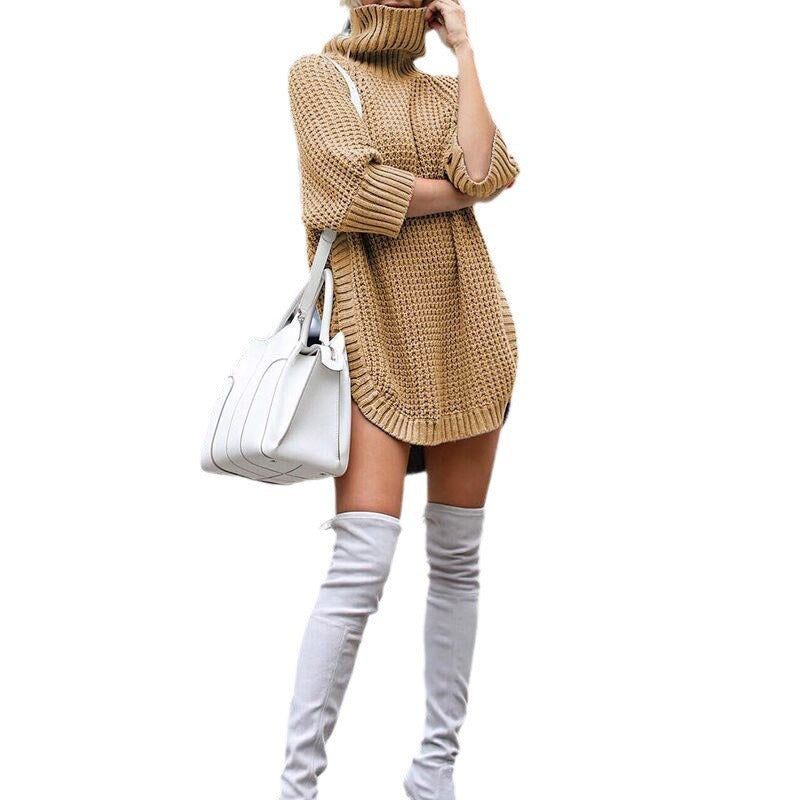 Damen Strick-Minikleid mit grobem Waffelstrick, Rollkragen und verlängertem Rückensaum Nord Taschen