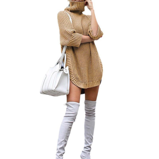 Damen Strick-Minikleid mit grobem Waffelstrick, Rollkragen und verlängertem Rückensaum Nord Taschen