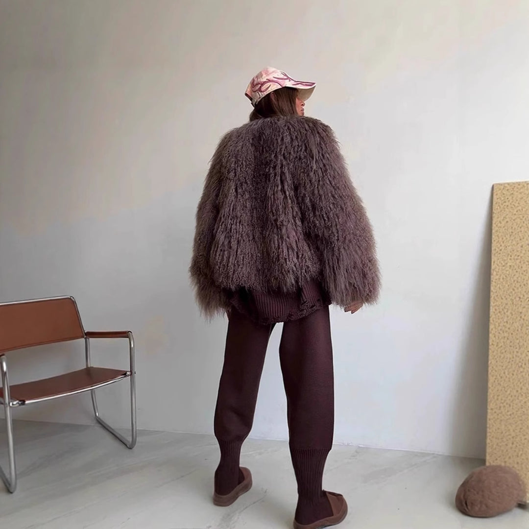 Damen kurze Kunstpelzjacke im Tibetan-Look mit extralangem Flor und Boxy-Schnitt Nord Taschen
