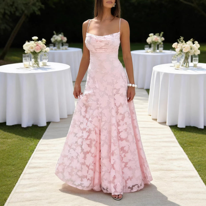 Damen Elegantes Maxikleid mit floralem Spitze-Design und verstellbaren Spaghettiträgern