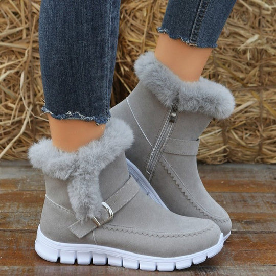 Damen Gefütterte kurze Suede‑Stiefeletten mit Kunstfellkragen, seitlichem Reißverschluss und sportlicher Profilsohle Nord Taschen