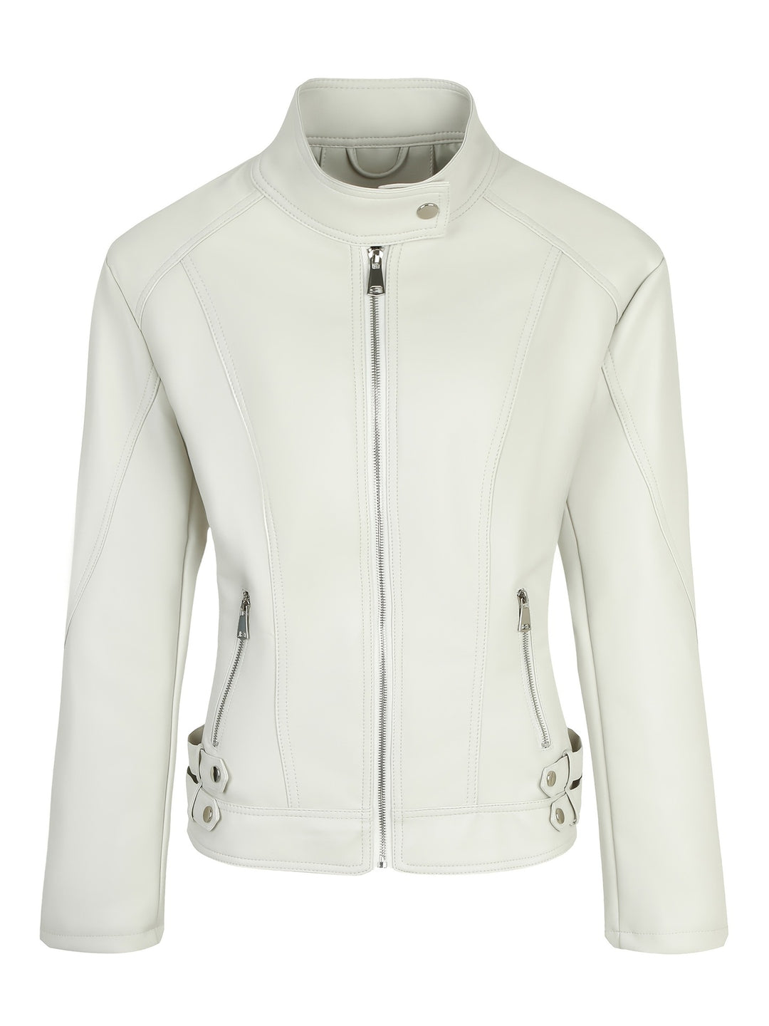 Damen Kurze taillierte Motorjacke aus Kunstleder mit Stehkragen und Schnallgurten Nord Taschen