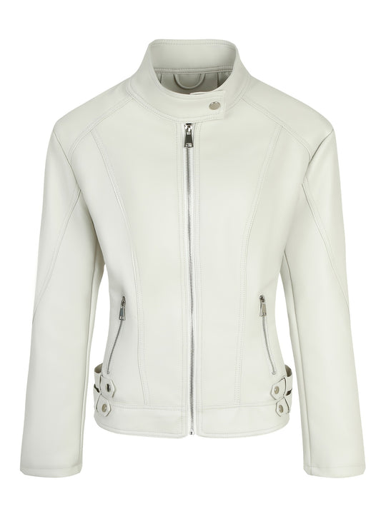 Damen Kurze taillierte Motorjacke aus Kunstleder mit Stehkragen und Schnallgurten Nord Taschen