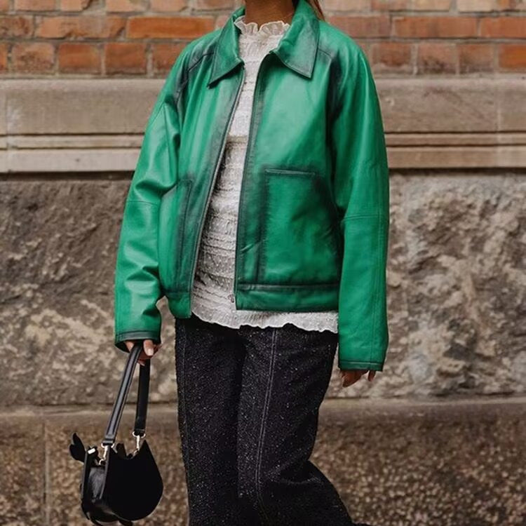 Damen Boxy-Kunstlederjacke mit großem Hemdkragen und durchgehendem Reißverschluss Nord Taschen