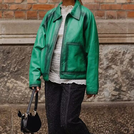 Damen Boxy-Kunstlederjacke mit großem Hemdkragen und durchgehendem Reißverschluss Nord Taschen