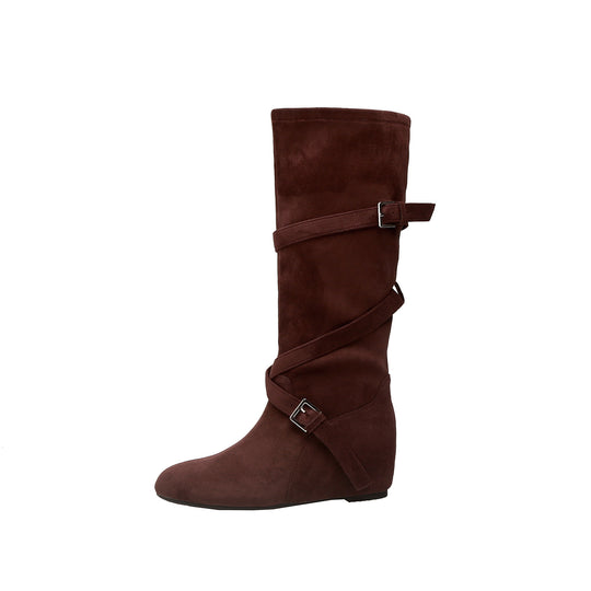 Damen Kniehohe Velourslederstiefel mit Wickelriemen und flachem Keilabsatz Nord Taschen