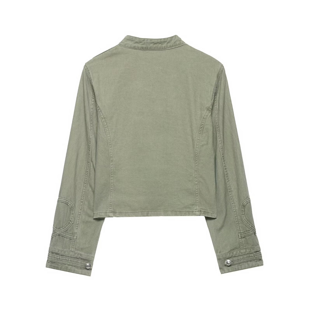 Damen Kurzgeschnittene Military-Jacke mit Stehkragen, Zierknopfleiste und taillierter Silhouette Nord Taschen