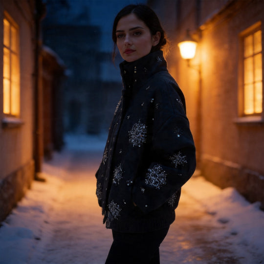 Damen Kurz geschnittener Wollmix‑Mantel mit Stehkragen und Perlen‑Pailletten‑Stickerei Nord Taschen