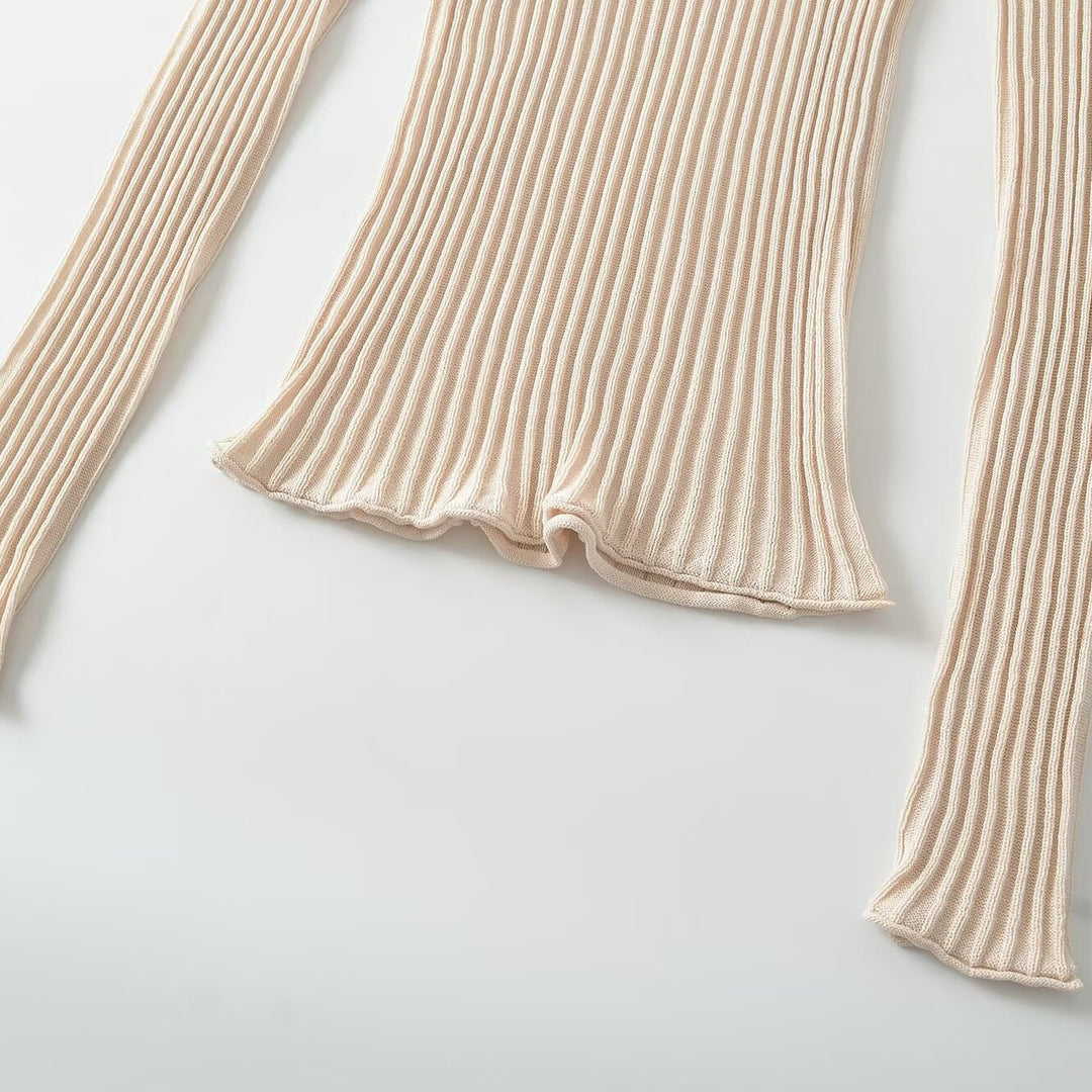 Damen Figurbetontes geripptes Langarm-Feinstrickshirt mit Henley-Knopfleiste Nord Taschen