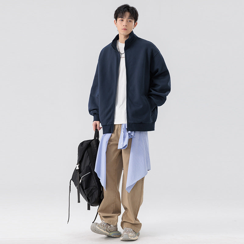 Herren Oversize Sweatjacke mit Stehkragen, durchgehendem Reißverschluss und geripptem Saum Nord Taschen