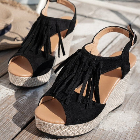 Damen Wedge-Sandaletten mit fransigen Verzierungen und ergonomischem Fußbett Nord Taschen