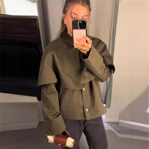 Damen Kurztrenchjacke mit Cape-Overlay und Oversize-Ärmeln Nord Taschen