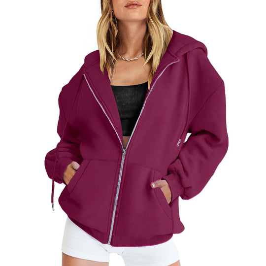 Damen Fleece-Zipjacke im Oversize-Stil mit Kapuze, Kängurutaschen und elastischem Saum Nord Taschen