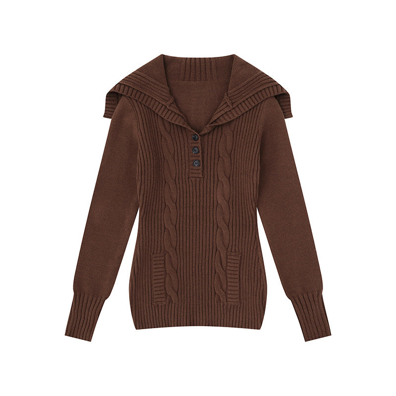 Damen Strickpullover mit Zopfmuster, Schalkragen und Knopfleiste Nord Taschen