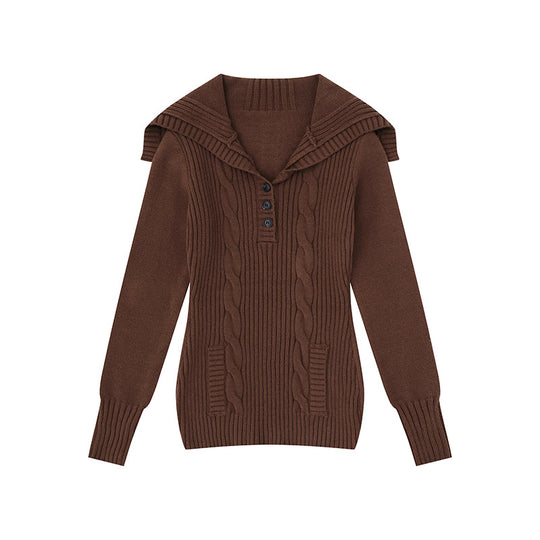 Damen Strickpullover mit Zopfmuster, Schalkragen und Knopfleiste Nord Taschen