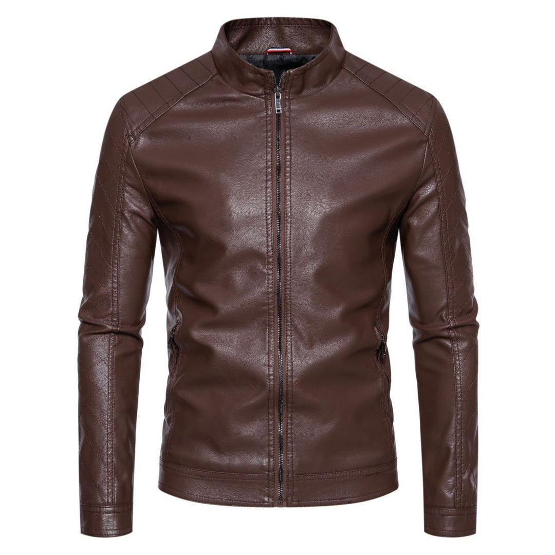 Herren taillierte Lederimitat-Bikerjacke mit Stehkragen und gesteppter Ärmeldetail Nord Taschen
