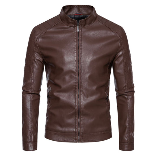 Herren taillierte Lederimitat-Bikerjacke mit Stehkragen und gesteppter Ärmeldetail Nord Taschen